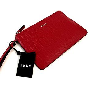 DKNY Red Embossed Logo Wristlet Wallet Medium Zip Pouch Clutch NWT PVC